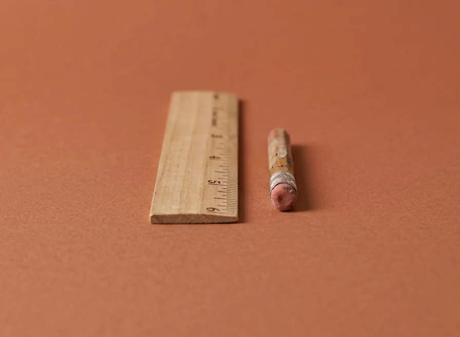 A wooden ruler beside a small glass bottle