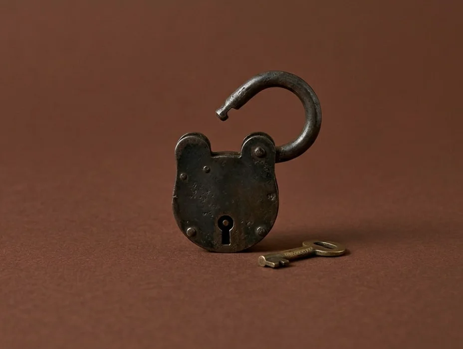 An open antique padlock with its key beneath