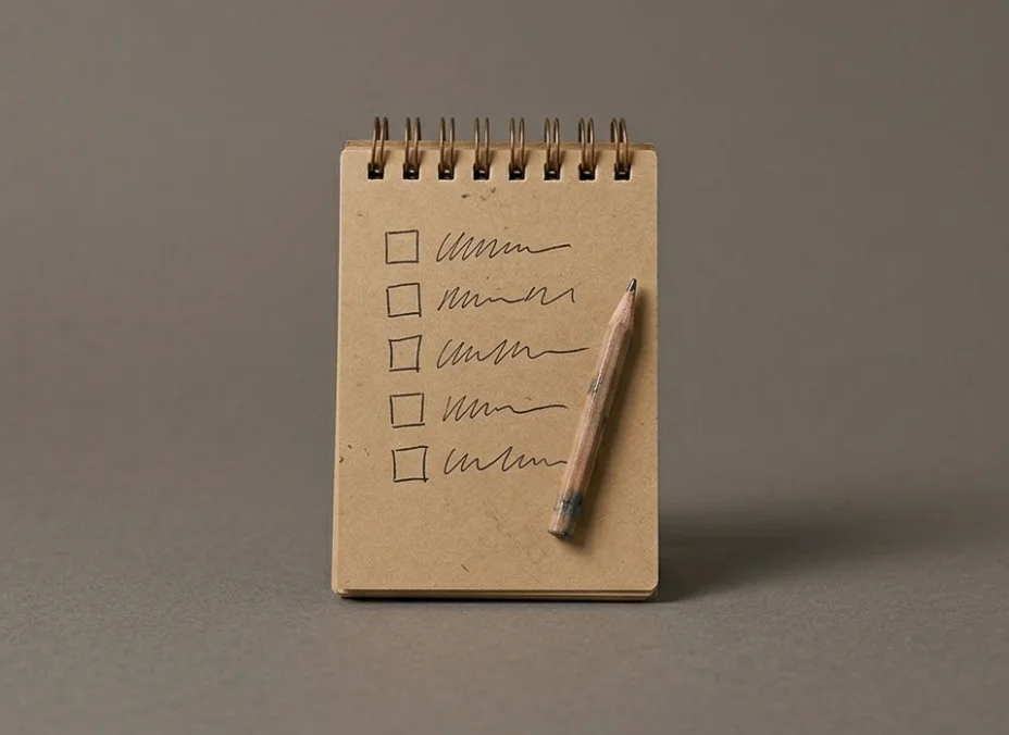 A small notepad with a hand-drawn checklist