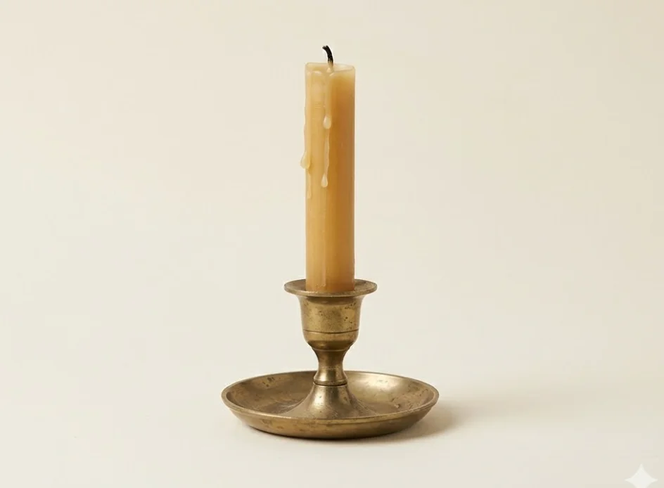 A lit candle in a brass candlestick