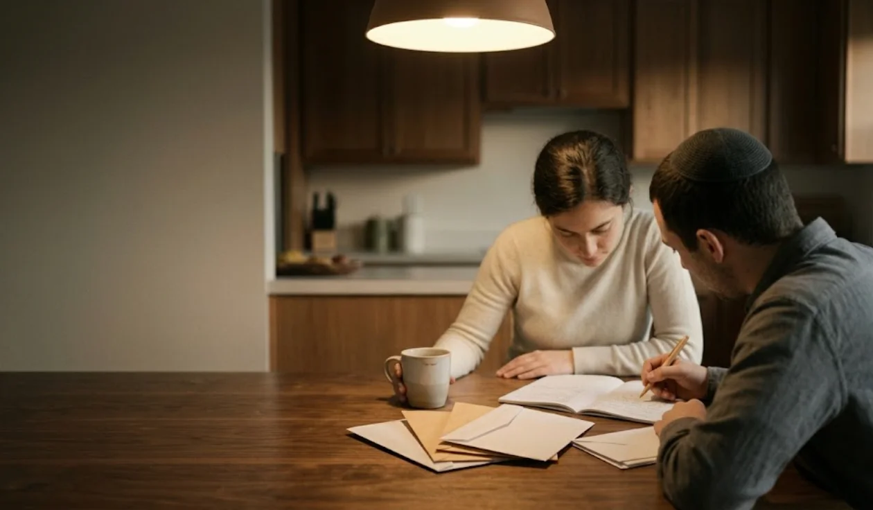 A young couple working over a notebook at a kitchen table