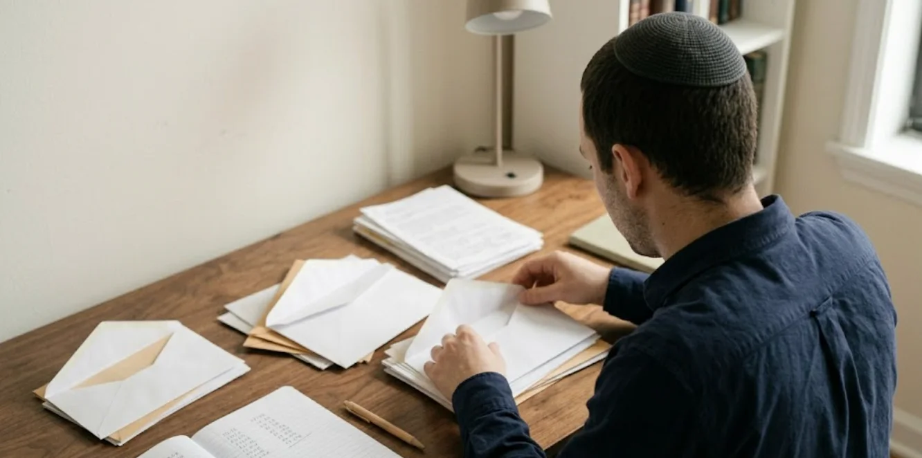 A person organizing financial papers at a desk