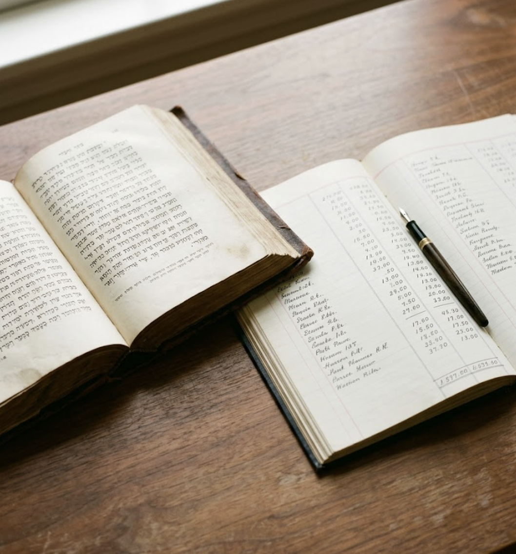 An open Hebrew sefer next to a handwritten accounting ledger on a wooden table