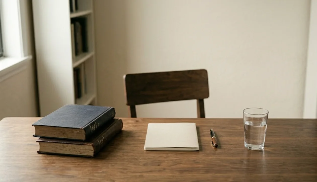 A wooden desk with a notebook and sefarim. A CK intake moment.