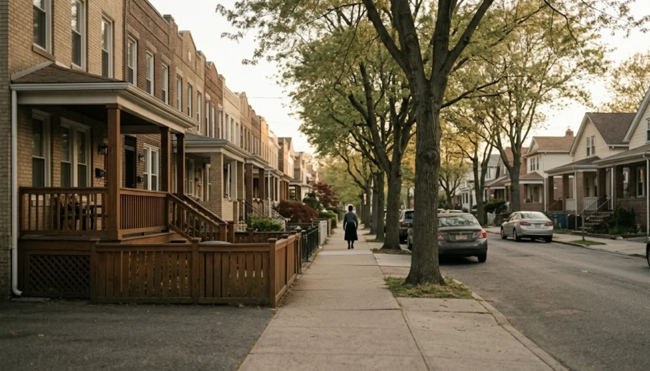 A quiet residential street at golden hour